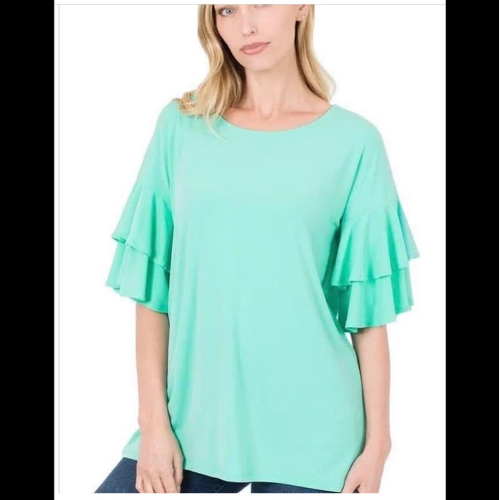 Mint green ruffle sleeve summer top tunic Zenana size S, M, XL
